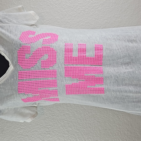 Miss Me | Women's White Pink Spell-Out "Miss Me" Retro Slub Sheer Tee Sz M - Picture 2 of 13